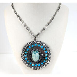 Vtd]g  Ceramic Scarab Pendant Necklace 30” Silvertone Egyptian Statement Chunky